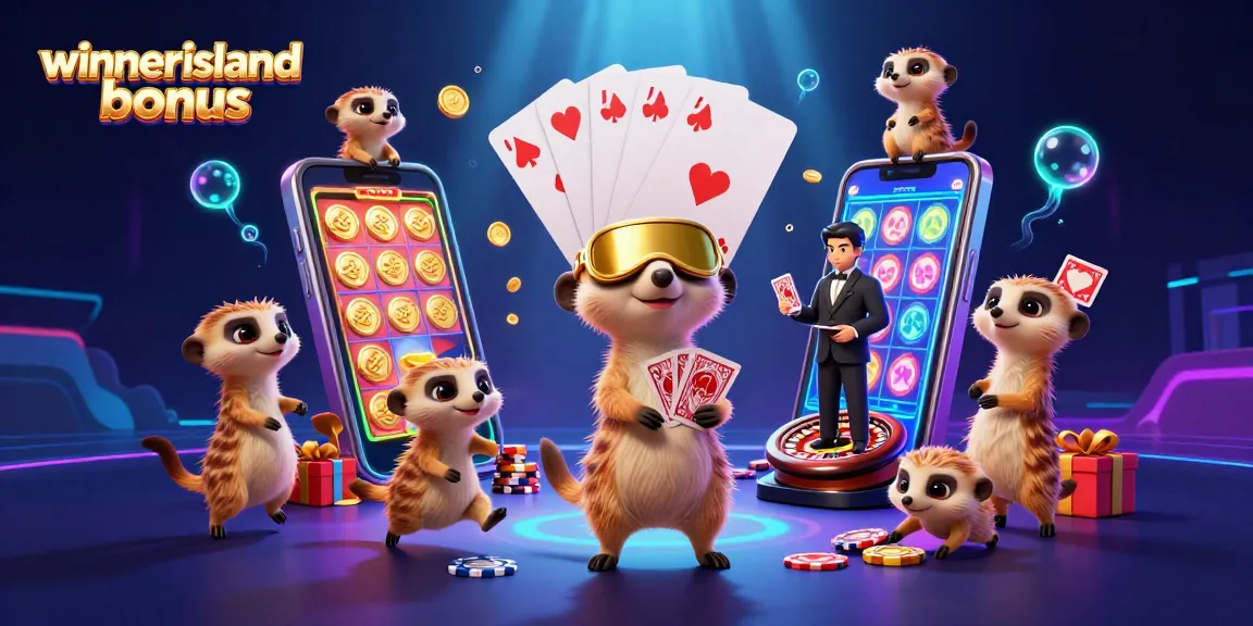 Experience the thrill of winning with the winnerisland bonus at this vibrant casino scene filled with animated meerkats.