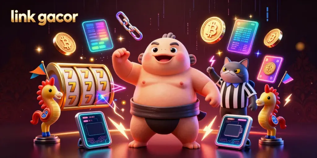 Engage in exciting gameplay action at link gacor with a dynamic underwater casino scene featuring slot reels and characters.