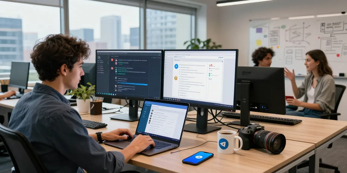 Engaging workspace highlighting Telegram Web Version on laptop, showcasing collaboration and communication.