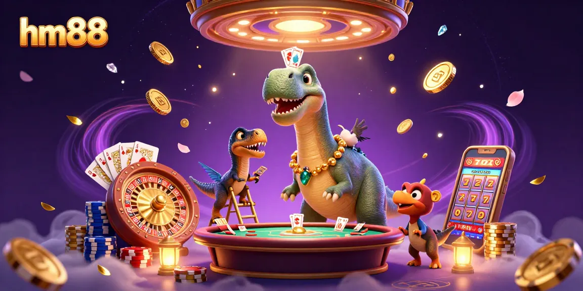Experience thrilling gameplay at hm88 with a dynamic 3D illustration featuring a towering brontosaurus and raptor dealer.