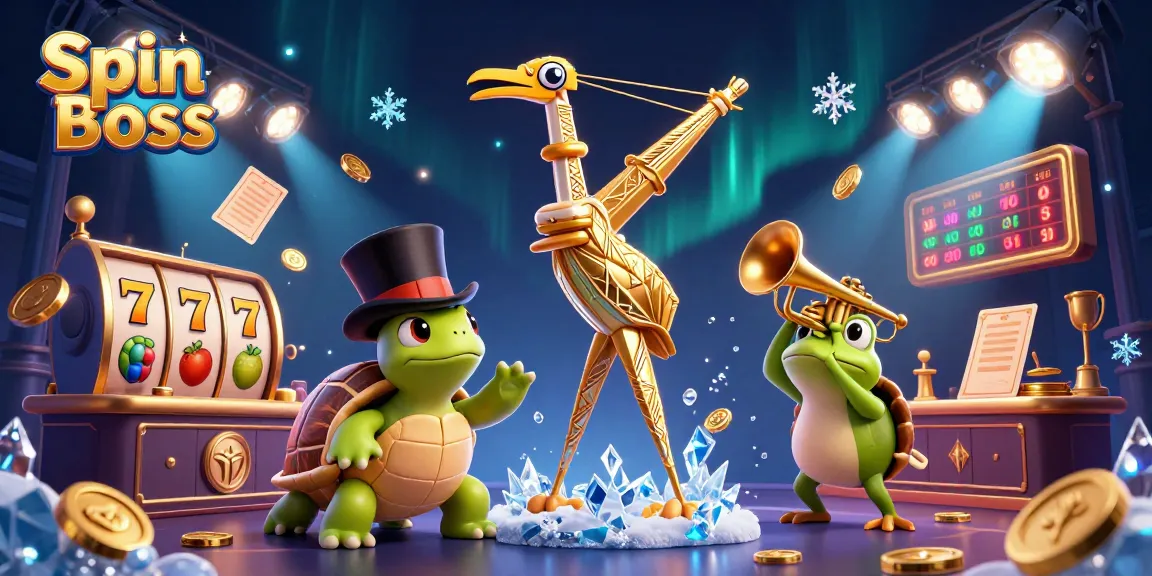 Spin Boss showcases an energetic casino scene with a whimsical crane, turtle, and frog amidst slot games and golden trophies.
