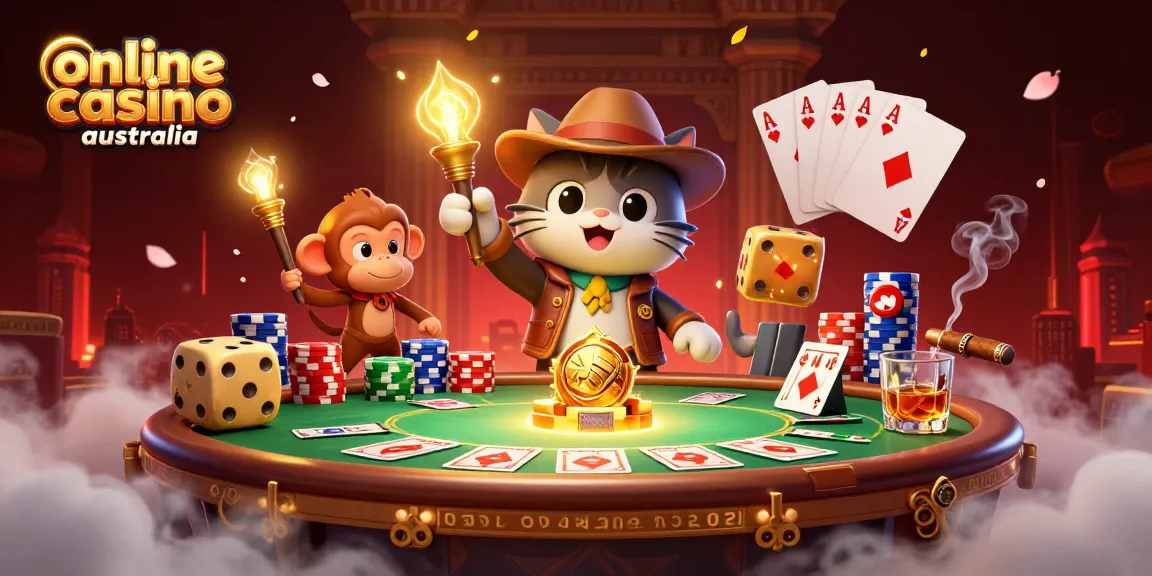 Experience the thrill of online casino Australia with an explorer cat discovering treasures in a vibrant scene.