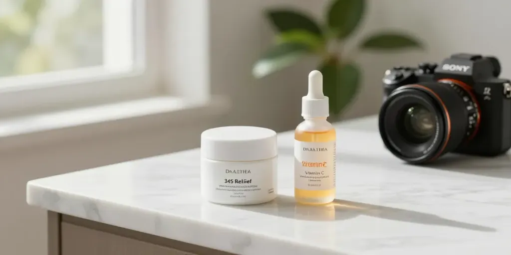 Dr Althea producten zoals de 345 Relief Cream en Vitamin C Boosting Serum op een stijlvolle marmeren ondergrond.