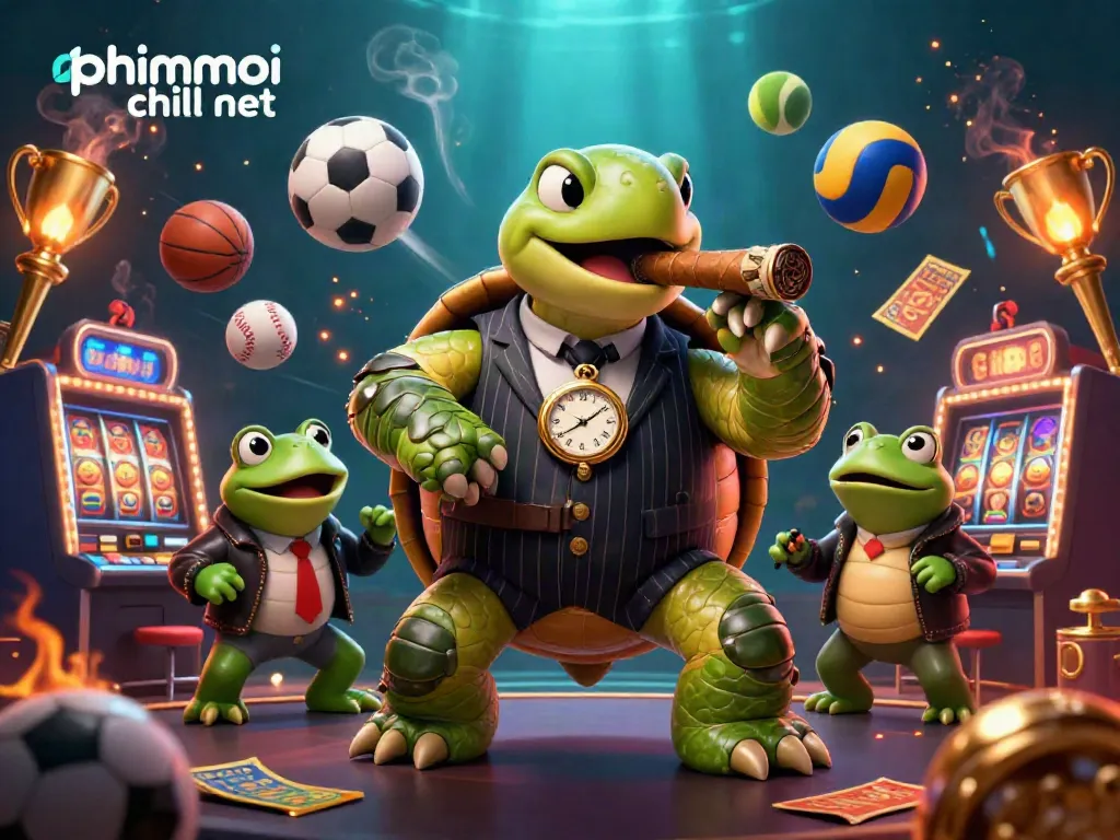Engaging phimmoi chill net casino scene featuring a gangster snapping turtle and bullfrog enforcers with sports elements.