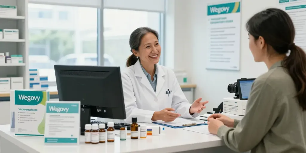 Apotheker helpt bij het kopen van Wegovy voor gewichtsverlies in een moderne omgeving