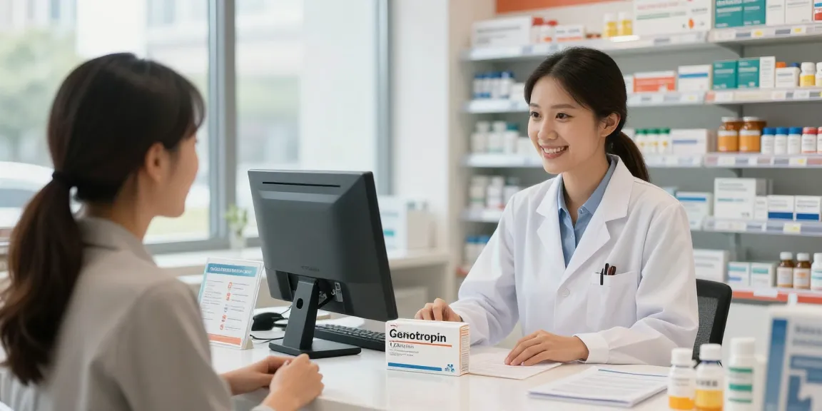 Genotropin kopen in a pharmacy with a pharmacist assisting a patient, highlighting health access.
