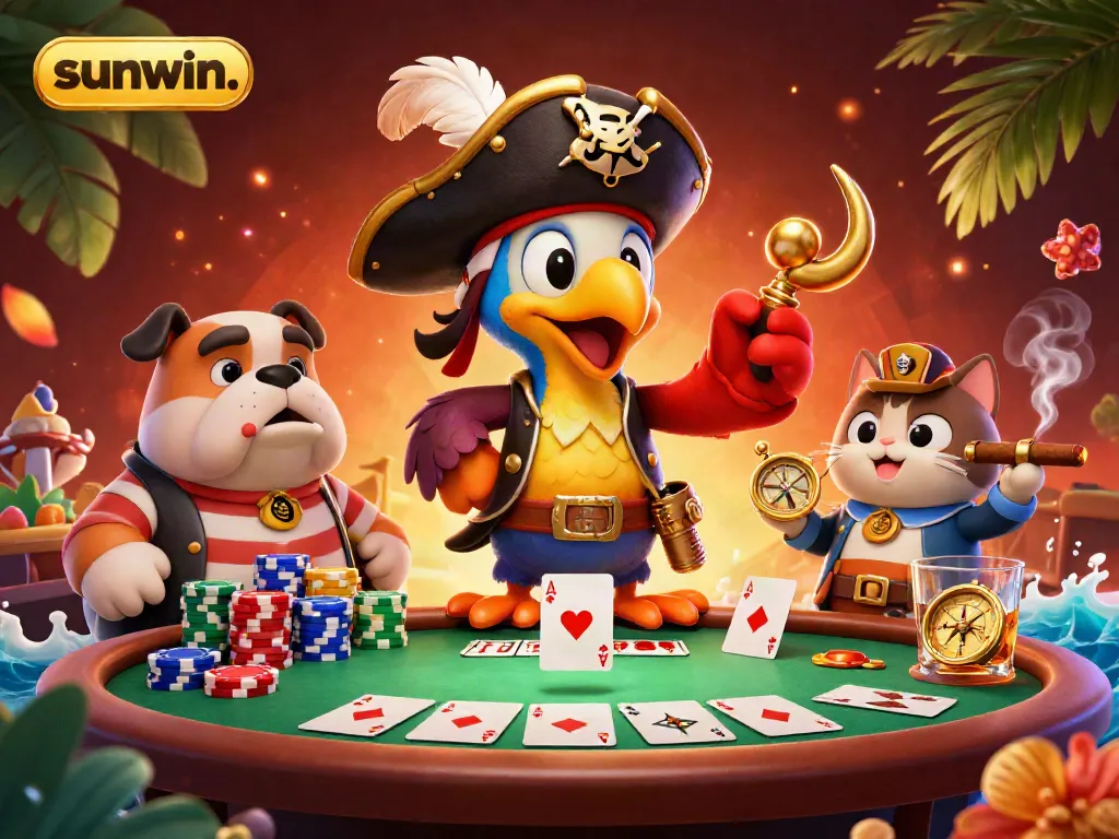 Experience the excitement of sunwin. with pirate characters and poker elements in a colorful casino setting.