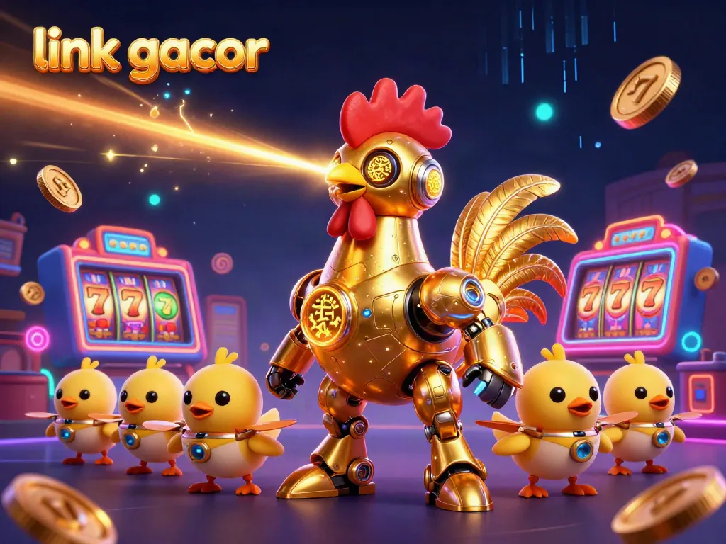 Experience excitement with link gacor as a golden rooster robot leads the way in a vibrant casino filled with slot reels.
