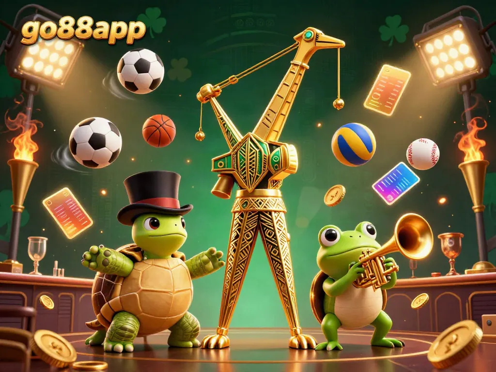 Engage in thrilling gameplay action with go88app at a vibrant casino scene featuring unique characters and dynamic sports elements.