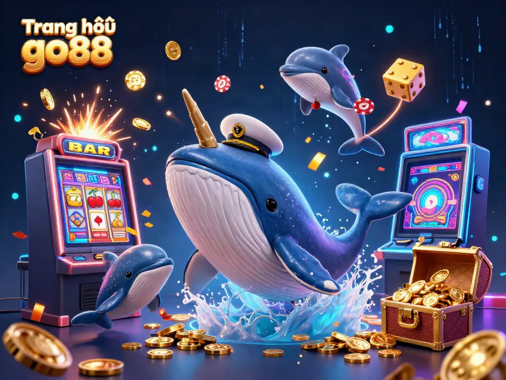 Engage with the vibrant scene of Trang chủ go88, showcasing a whale and playful dolphins amidst a burst of casino excitement.