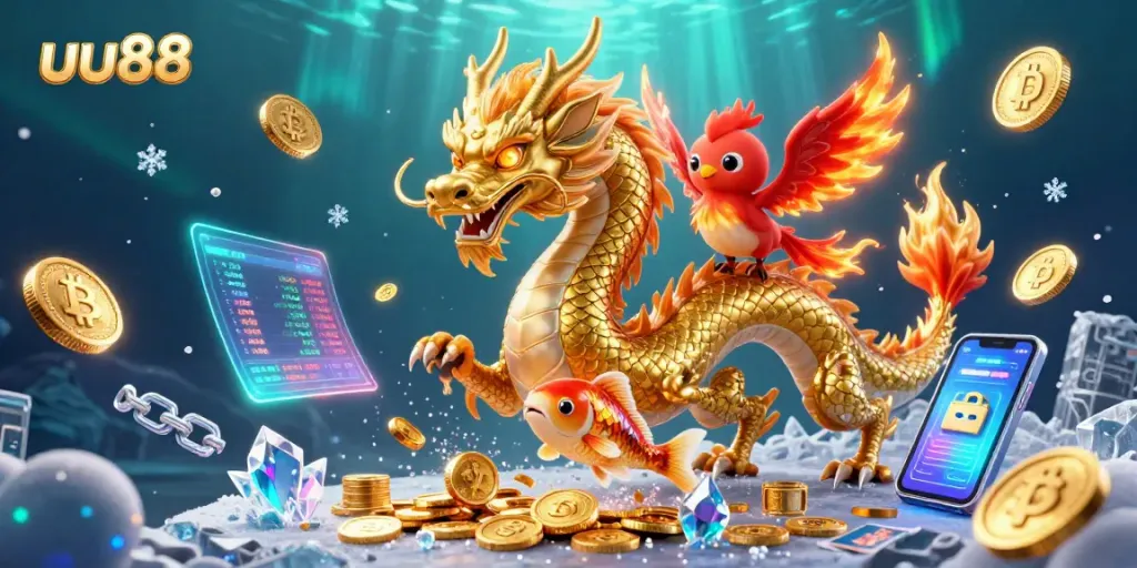 Experience a vibrant uu88 online casino scene, featuring a dragon, phoenix, and coins sparking excitement.